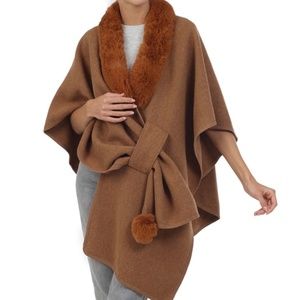 Solid Faux Fur Trim Poncho